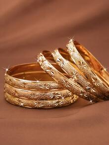 1/3/6 件 24K 镀金手工雕刻星形手镯，适合女性日常佩戴和送礼，不含礼盒 - 金色 - 查看 4