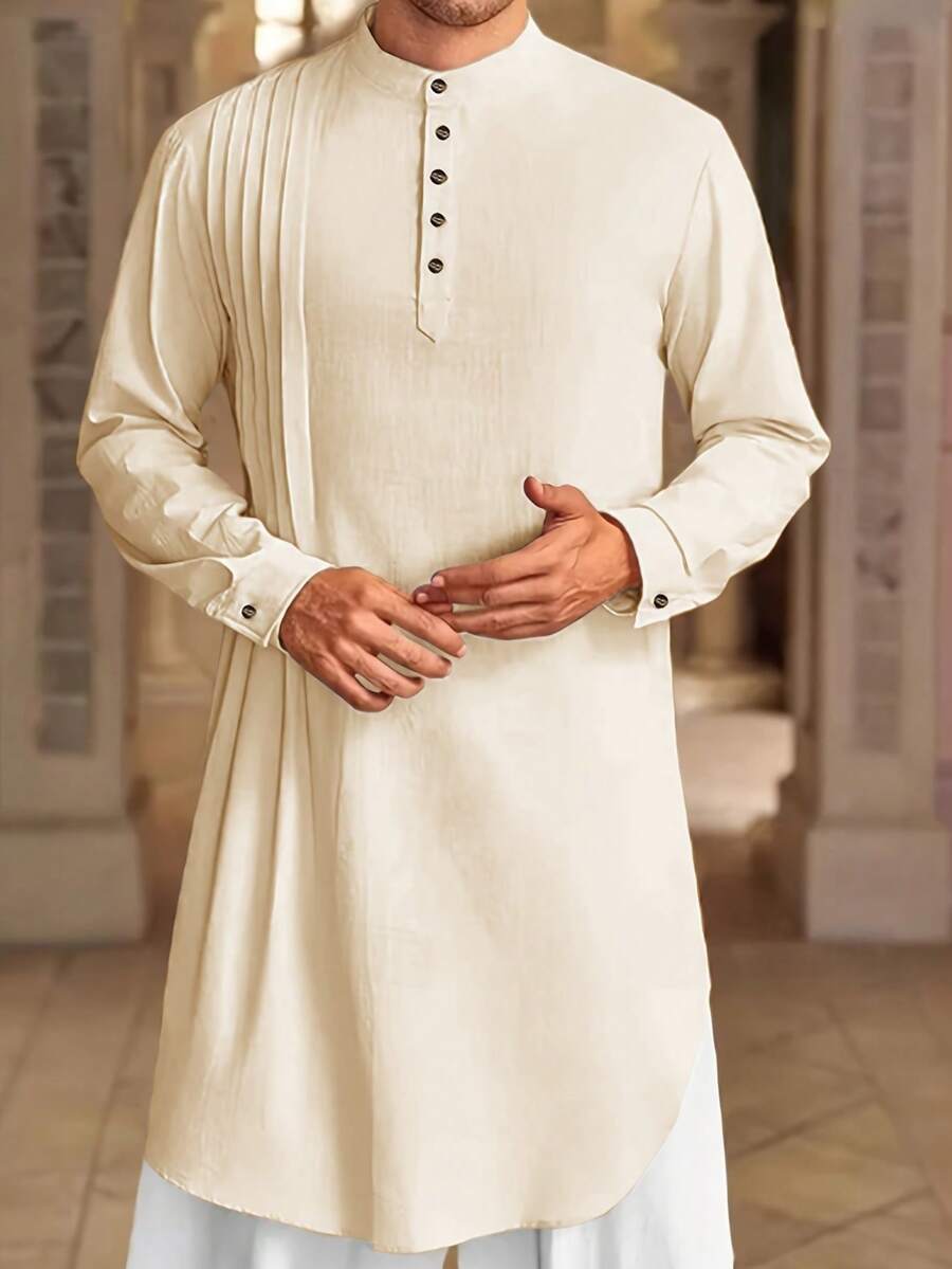 Disqoir Middle Eastern Style Men's Solid Color Semi-Sheer Long Robe, Bamboo Collar, Right Front Panel Multi-Pleat Design, Classic Button Detail, Suitable For Casual, Commute, Loungewear, Summer New - Apricot - View 1