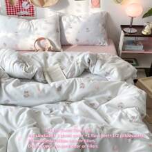 3/4pcs Pink Printed Bedding Set, Cute Rabbit & Bear Print Bedding Set For Girls, Cartoon Animal Soft Pink Bow Pink Heart Polyester Fabric Skin-Friendly Bedding Set (1 Duvet Cover + 1 Bedsheet + 1/2 Pillowcase, Without Filler)