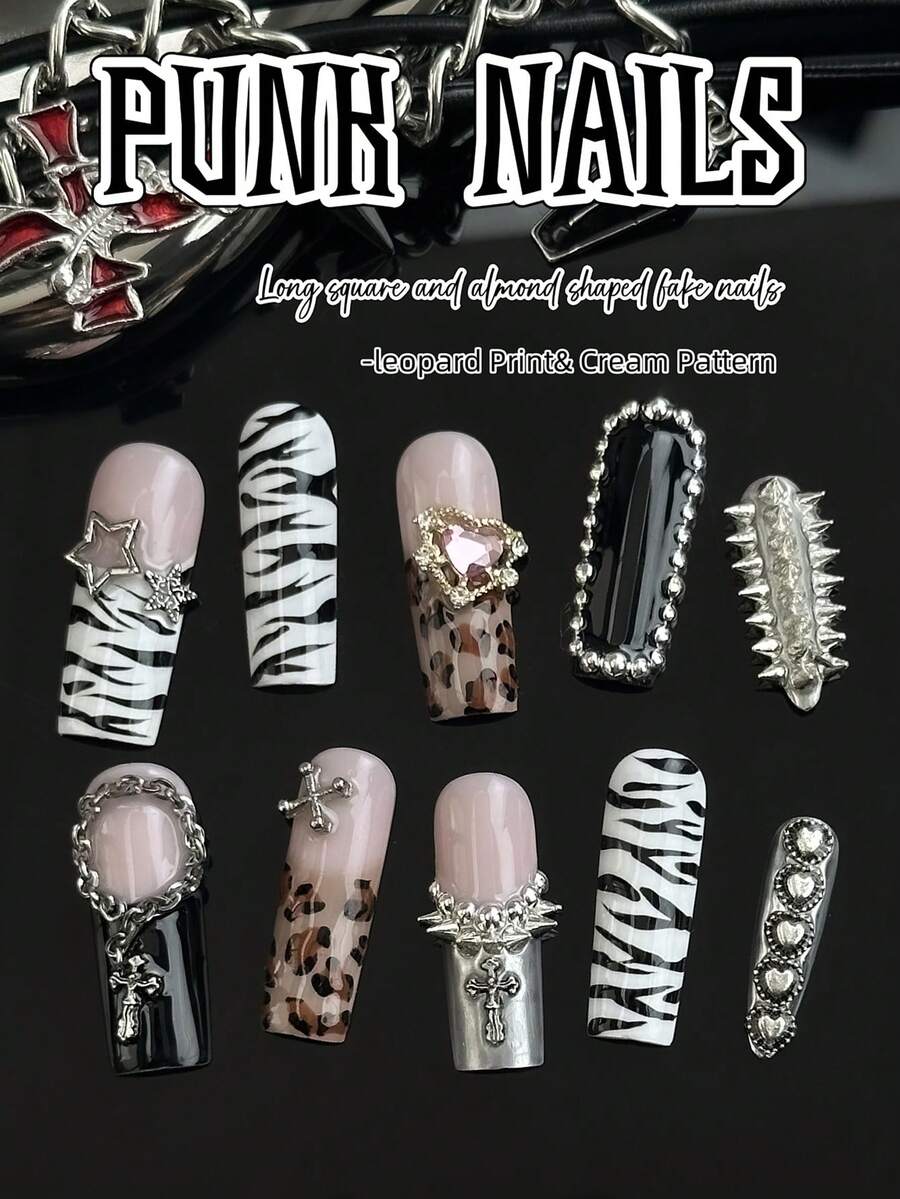 原创设计，手工制作，10片朋克风美甲贴片，长款（短款）方形假指甲，短款杏仁形假指甲。斑马纹和豹纹的完美融合，让你成为独一无二的朋克女孩。铆钉元素的重金属质感和巧妙设计，让你可以随心所欲地佩戴两种不同的款式，适合女性和女孩在日常、节日或舞会等场合佩戴，提升你的整体造型。按压式美甲贴片，美甲用品，美甲贴片 - 彩色 - 查看 1