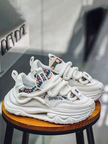 Men's Fashion Lace-Up Thick-Soled Sneakers, High Elasticity & Comfortable Anti-Slip Casual Shoes Suitable For Daily And Outdoor Activities, Casual Minimalist Style, Versatile - Beige - View 5