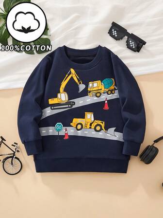 Långärmad tröja för unga pojkar, tryckt med tecknad grävmaskin, trendig höst/vinterstil