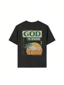 Camiseta de manga corta y cuello redondo con texto impreso informal para niños, ideal para el verano - Negro - Ver 3