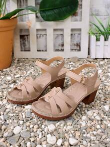 Sandalias de tacón alto francesas de verano, versátiles, de moda, con hebilla y tira cruzada, de unicolor, ultraligeras y de tacón grueso para mujer - Albaricoque - Ver 8