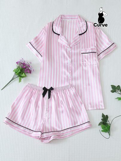 2pcs/Set Plus Size Women's Satin Trim Collared Short Sleeve Top And Striped Bow Shorts, Summer Pajama Set Loungewear, Outfits