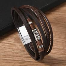 1pc Vintage PU Leather Braided Bead Magnetic Clasp Men's Bracelet, Beaded Pattern Decor, Suitable For Daily Wear, Holiday Gift