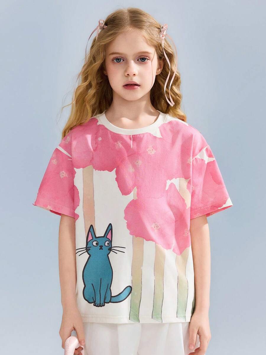 ASK JUNIOR Tween Girls' Oversized Cute Allover Print Short Sleeve T-Shirt - Multicolor - View 1