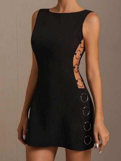 1pc Sexy Hollow-Out Sleeveless Bodycon Dress, Stylish Design