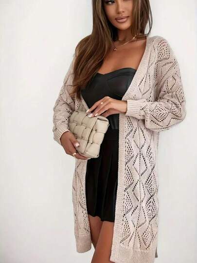 Plus Size Women Hollow-Out Long Sleeve Knitted Cardigan Sweater, Casual Daily Wear, Spring/Summer