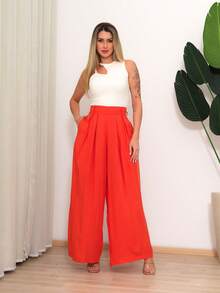 WOMEN'S PANTS, WIDE LEG, HIGH WAIST, PANTALONA - Burnt Orange - View 1