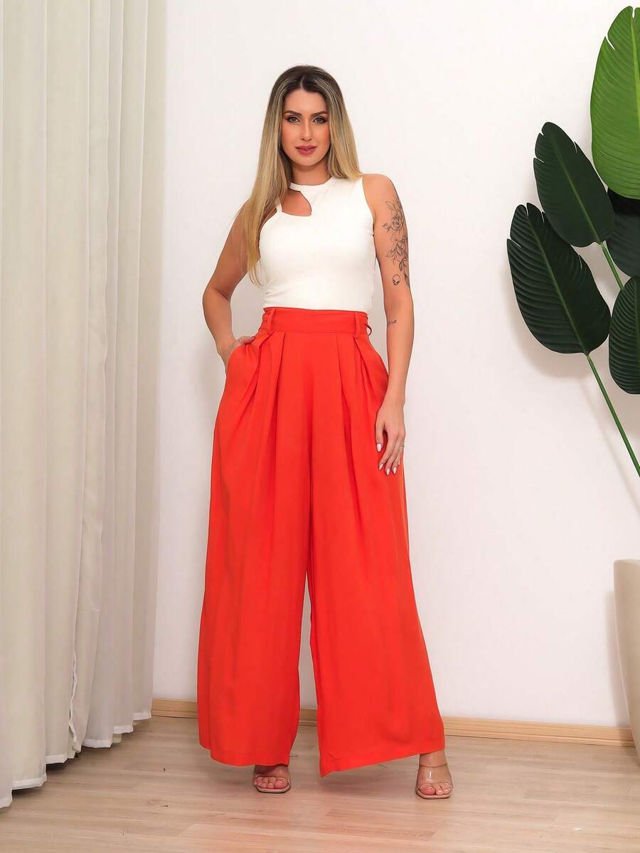WOMEN'S PANTS, WIDE LEG, HIGH WAIST, PANTALONA - Burnt Orange - View 1