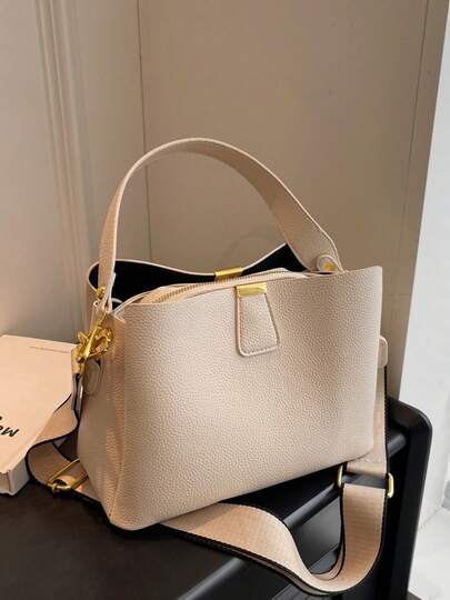 1 件女士优雅纯色宽肩带 PU 皮革手提包和单肩包