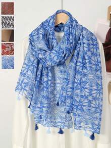 1 Pc Chain, Geometric, Flower Print Pattern Lightweight And Comfortable Scarf, Summer - Multicolor - View 1