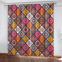 1Set/2pcs Colorful Bohemian Pattern Curtains, Polyester 100%Material Semi-Shading - UV Protection Polyester Drapes With Vibrant Mandala Print Patterns,These Window Drapes Provide Privacy And Serve As Decorative Elements For The Living Room