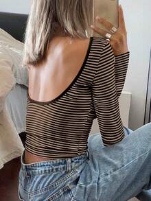 Vaiaye Women's Sexy Backless Striped Knit Long Sleeve Top, Backless Round Neck Casual T-Shirt, Suitable For Work Commute In Spring And Summer - Brown - View 9