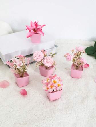 1/5PCS 4-5 Inch (H) Pink Mini Potted Artificial Flowers For Home, Living Room, Bedroom, Wedding, Birthday, Party, Table Decoration, And Gift,Fake Plants