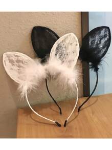 1 pièce Serre-tête élégant pour femmes avec oreilles de chat, dentelle et plumes moelleuses - accessoire cheveux en polyester non extensible pour le cosplay, les soirées déguisées, les événements extérieurs | Bandeau mode pour femmes (noir/blanc)