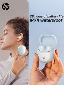 HP 新款无线耳塞，具有优质音质 5.防水等级 IPX4,4 自动配对耳塞，播放时间长达 28 小时，轻巧的无线耳机带麦克风，兼容 Android，游戏耳机和扬声器，麦克风，节日礼物情人节礼物 - 白色 - 查看 2