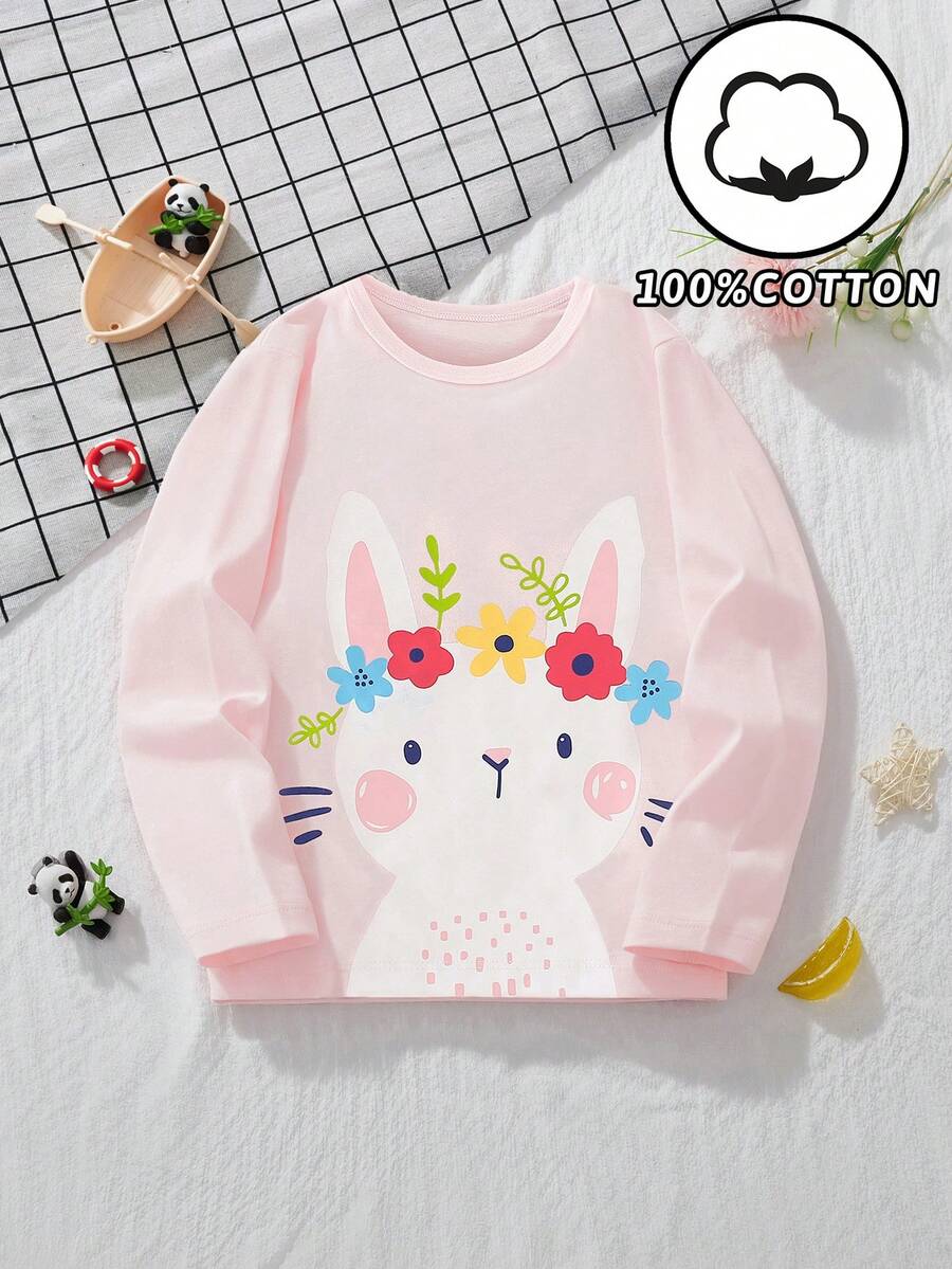 Kleine Mädchen 1 Stück Ostern T-Shirt mit niedlichem Hasen-Muster, Rundhalsausschnitt, Langarm, und minimalistisches Design für den Herbst - Pink - Übersicht 1