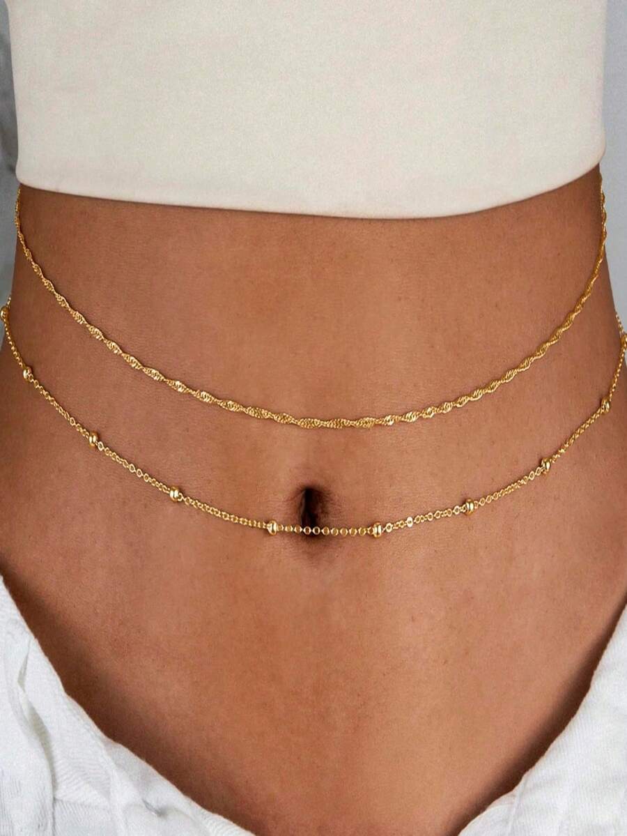 2pcs Stylish Sexy Navel Chain Waist Chain Set, Casual Beach Jewelry Gift, Gold Tone