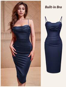 CurvySweet Elegant Fitted Pleated Collar Mid-Length Slip Dress With Built-In Bra, Wedding Guest Or Cocktail Attire,Valentines Day Dress - Navy Blue - View 8