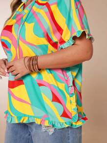 Plus Size Women Casual Holiday Multicolor Graphic Print Tie V-Neck Ruffle Trim Summer Tops