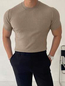 Men's Fashion Solid Color Vertical Ribbed Short Sleeve Knit Top - Khaki - View 3