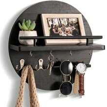 Soporte para llaves de pared - Ganchos para llaves para decoración de pared de sala de estar - Percha de madera para llaves y organizador de correo con estantería para artículos esenciales del hogar - Decoración de entrada moderna y estética para el hogar - Negro - Ver 8