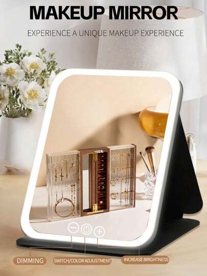 LED Makeup Mirror, Portable Vertical Folding Vanity Mirror, 3 Color Lighting, Dimmable Touch Screen, Compact Makeup Vanity Mirror, Student Dormitory Office Desktop Portable Makeup Mirror Best Birthday Gift Graduation Gift Home Decor Back To School Room Decor School Supplies