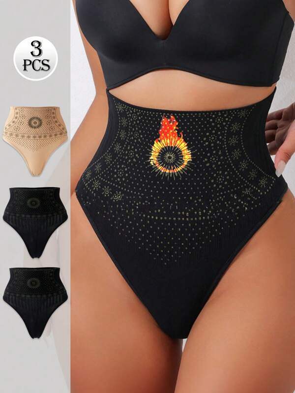 Set de 3 pantis de control de abdomen de cintura alta sin costuras, calzoncillos y tangas de color negro y piel, ropa interior moldeadora cómoda y transpirable para mujeres
