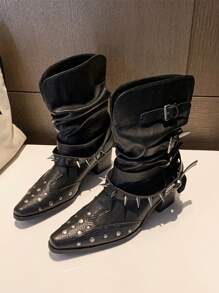Botas hasta el tobillo, botas retro remachadas hasta la pantorrilla, botas de mujer francesas versátiles tipo western, botas de caballero, botas pequeñas