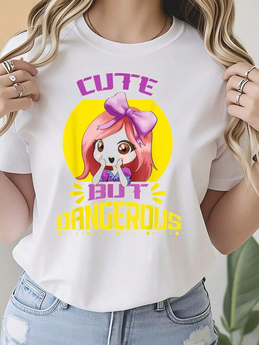 Cute But Dangerous Anime Funny Women Animation Face Love T-Shirt       Cotton Summer T-Shirt For Women - 白色 - 查看 1