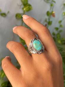 1pc Elegant Leaf-Shaped Butterfly Ring, Bohemian Style Faux Turquoise Silver-Tone Metal Ring For Women, Suitable For Daily Wear, Party, Birthday Gift - Antique Silver - View 12