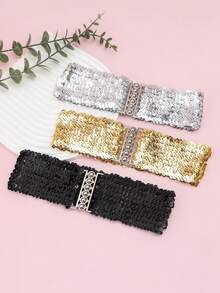 1 Set Of Sequin Elastic Waistband, Women's Buckle Waistband, Mirror Sequin Waistband, Fashionable Waistband,Belts For Women Summer, School Fall, Autumn, Halloween - A - View 2