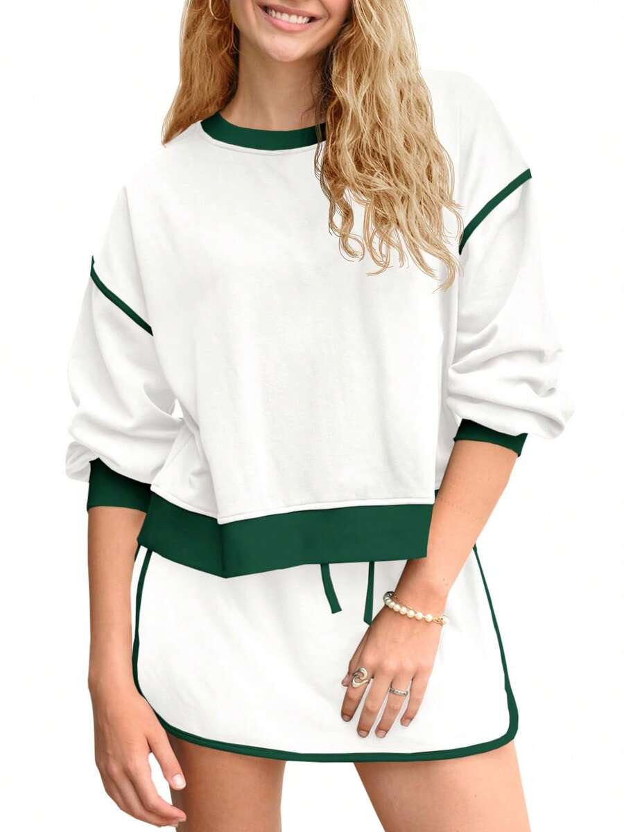 Fisoew Women's 2 Piece Sweatsuit Set - Comfortable Crewneck Sweatshirt & High Waisted Skort Skirt | Tennis Core Aesthetic, Y2K Tracksuit, Gym To Street Fashion, Oversized Lounge Set, Matching Workout Outfits - trắng - Xem 1
