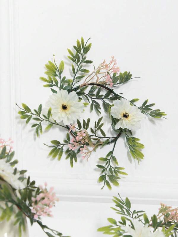 1pc Artificial Cosmos Flower Leaf Wreath - Home Decor, Holiday Party Supplies, Outdoor Patio Garden Wedding Hanging Cosmos Flower Wreath