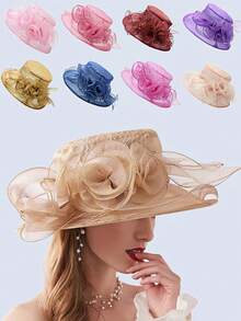 1 件女士优质欧根纱材质玫瑰花网眼太阳帽，透气、时尚、轻便，适合女性日常外出、旅行、宴会、聚会 - 彩色 - 查看 1