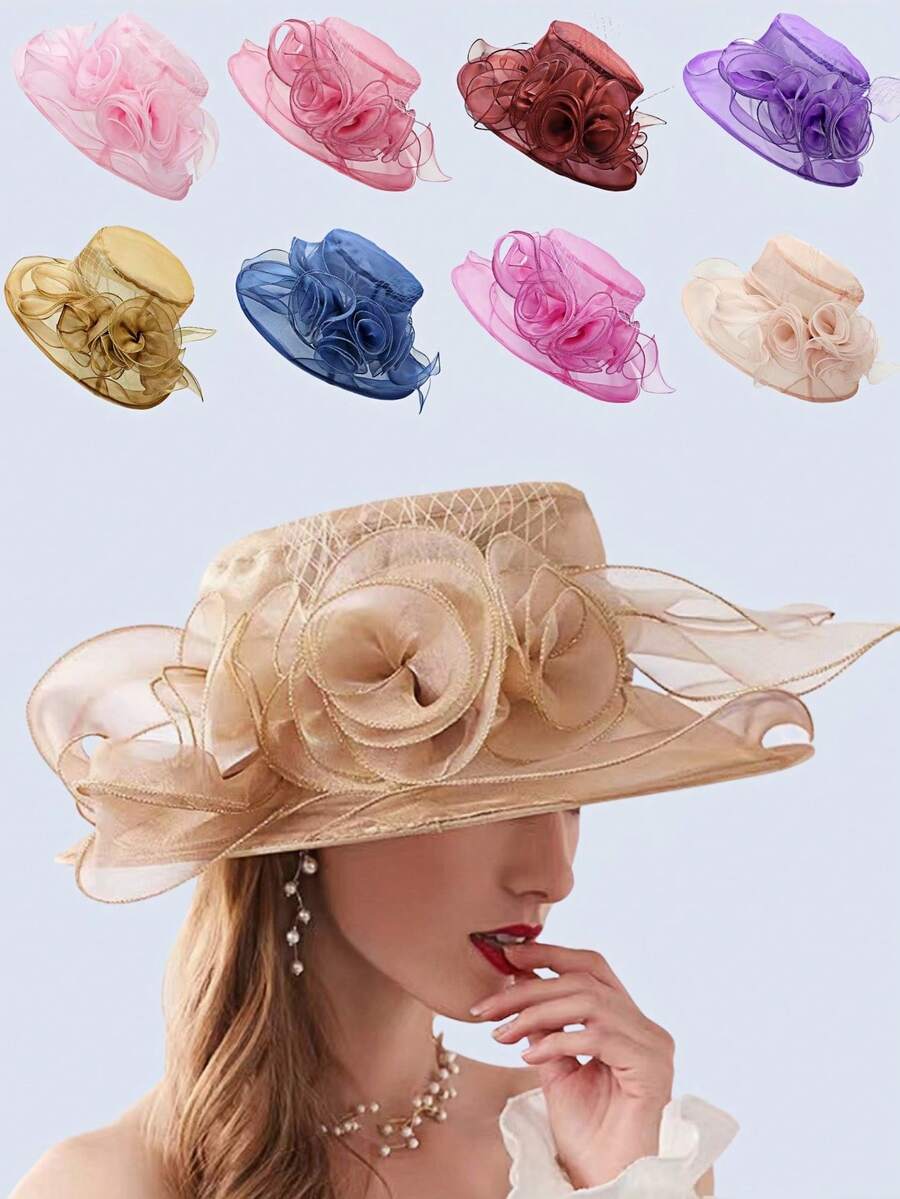 1 件女士优质欧根纱材质玫瑰花网眼太阳帽，透气、时尚、轻便，适合女性日常外出、旅行、宴会、聚会 - 彩色 - 查看 1