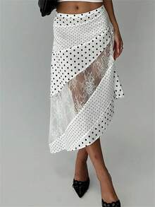 Women's Flowy Midi Skirt Vintage Low Waist Floral/Dots Print Long Skirt Lightweight Fall Skirt - 白色 - 查看 5