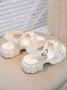 1 Pair Girls' Open Toe Crystal Bow Hook & Loop Princess Style Sandals, Non-Slip Breathable Suitable For Summer Travel & Vacation