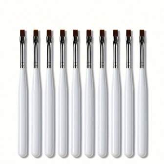 Set de 10 pinceles de arte para uñas - Punta plana, pinceles para pintura y dibujo de gel UV, mango blanco, sin olor - Pinceles profesionales para extensiones de uñas y construcción de gel para diseño de arte de uñas