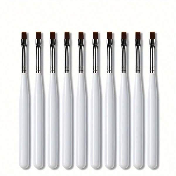 10pcs Nail Art Brushes Set - Flat Tip UV Gel Painting Drawing Pens, White Handle, Unscented - Professional Nail Extension & Builder Gel Brushes For Nail Art Design