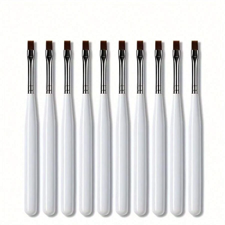 Set de 10 pinceles de arte para uñas - Punta plana, pinceles para pintura y dibujo de gel UV, mango blanco, sin olor - Pinceles profesionales para extensiones de uñas y construcción de gel para diseño de arte de uñas