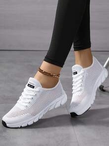 Women's Outdoor Sports Style Fabric Front Tie Striped Decor Soft Bottom Outdoor Running Shoes - White - View 3