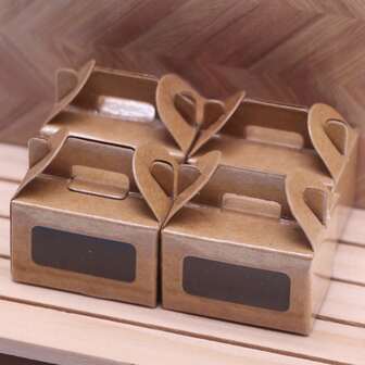 5pcs Brown Mini Cardboard Cake Boxes With Clear Plastic Window - Realistic Doll House Baking Containers For Bakery Decor, Toy Kitchens And DIY Dollhouse Scenes, Miniature Home Decor