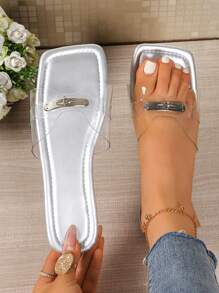 Women's Fashion Outdoor Square Toe Strap Slippers, Transparent Open Toe Metal Decor Beach Sandals, Shiny Bohemian Style PU Leather