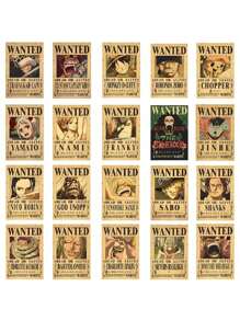 ONE PIECE Zestaw 5-20 sztuk plakatów One Piece Bounty Wanted z papieru pakowego, Anime Gear 5, Luffy, Bóg Słońca, Nika, dekoracja ścienna do salonu w stylu vintage