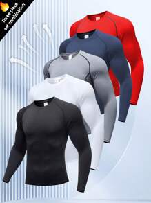 5pcs/Set Men's Compression Long Sleeve Shirts, Stretchy For Fitness, Running, Outdoor Sports Casual