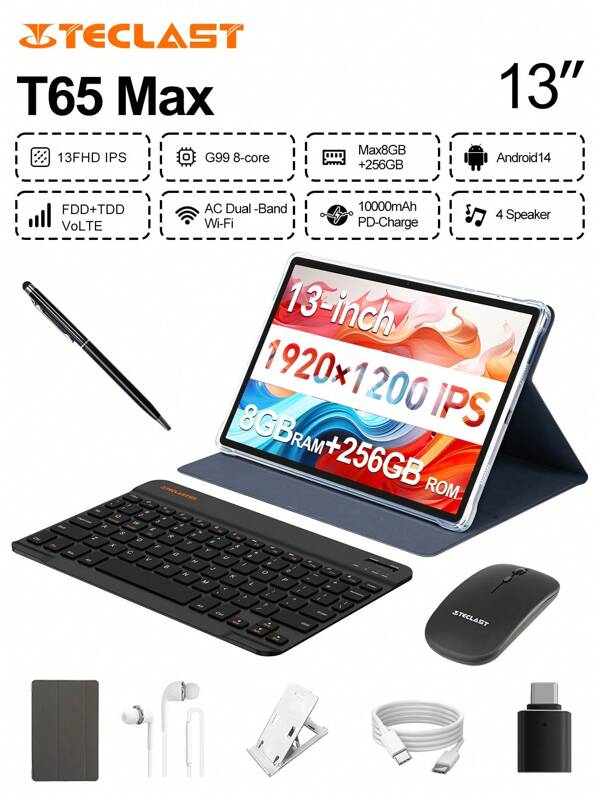Teclast Teclast T65MAX Tablet MT6789 8-Core 2.2GHz/ 8GBRAM/256GB ROM/12.95inch 1200*1920iPS/WIFI5G/4G/10000mAh/Type-C/13MP+8MP Camera/Android 14)Keyboard,Accessories Bundle Case