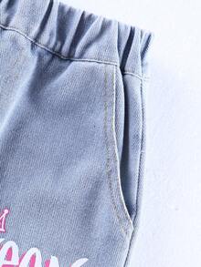 Girls' Casual Letter & Bear Graffiti Print Denim Jeans, Suitable For All Seasons